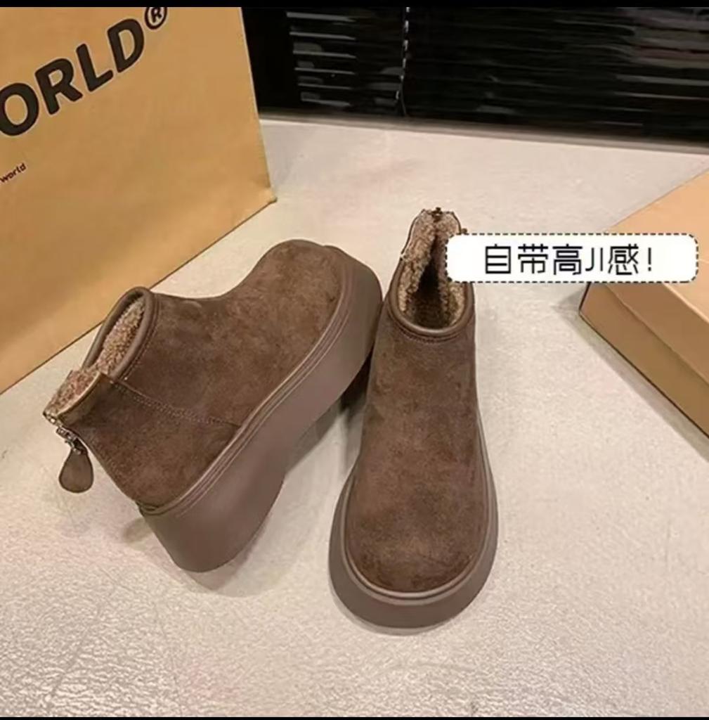 Suede round head thick bottom fleece warm Birkenstock short boots 2025 winter new British wind two cotton snow boots women