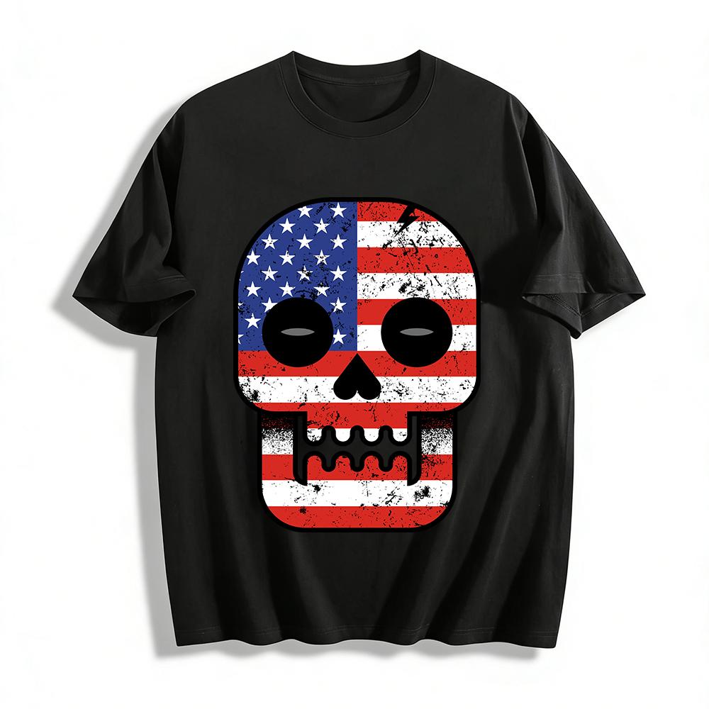 

Vintage American Flag Skull Print Edgy Streetwear Casual Tee Pure cotton T-shirt XXS
