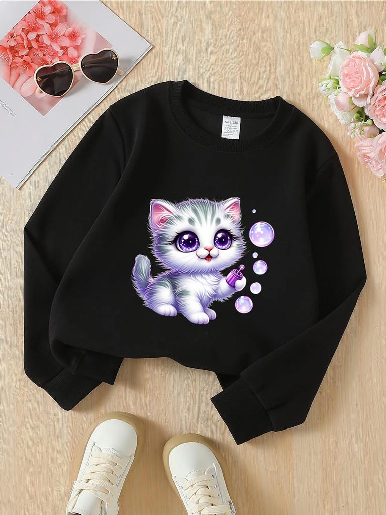 Unisex Crewneck Sweatshirt - Cute Kitten Bubbles Purple Eyes Fluffy Machine Washable, Spring And Autumn, Sportswear And Casual Wear, Soft