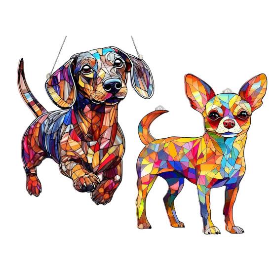 Colorful Dog Acrylic Puzzle Suncatcher Dachshund/Chihuahua Stained Glass Window Hanging Ornament Gifts for Women Dog Lovers