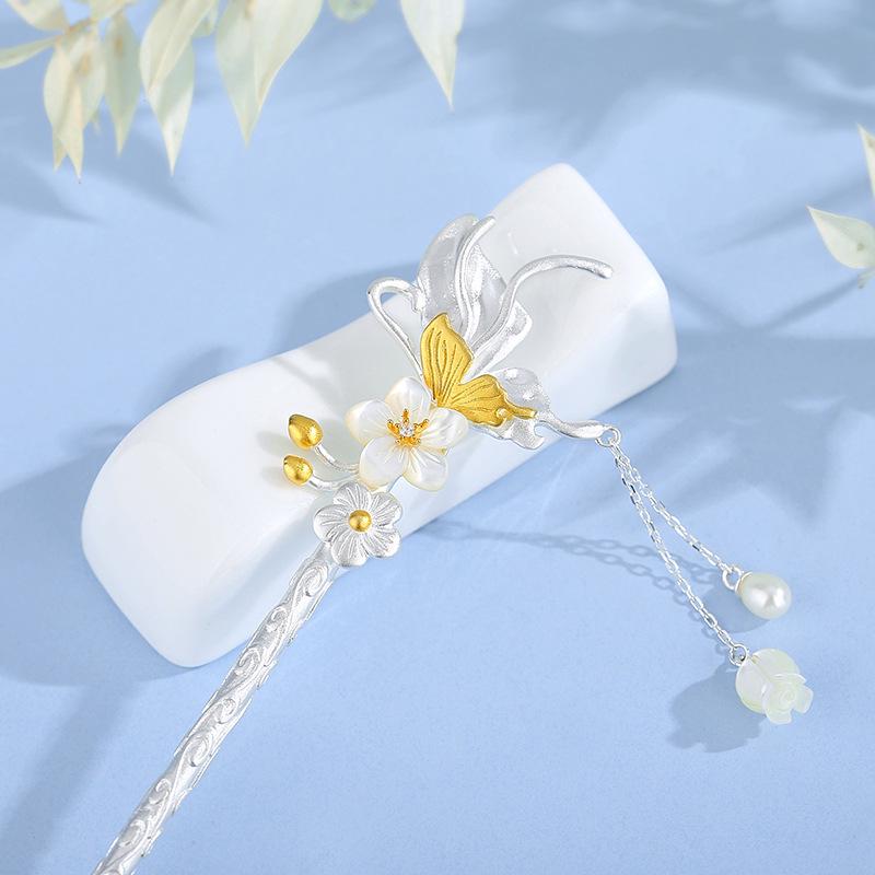 Butterfly Flower Hairpin for Women - S925 Sterling Silver, Chinese Style, Lily of the Valley Tassel, Elegant and Trendy S925 Silver