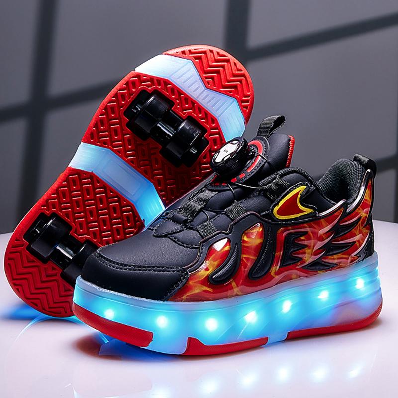 28-37 Children's Four-wheel Disassembly Into Flat Sports Shoes LED Illuminated Children's Illuminated Sports Shoes