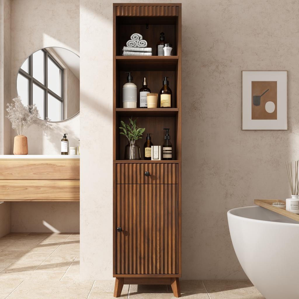 Mobile da Bagno Alto Autoportante, Frontali a Scanalature Verticali, Porta Reversibile Sinistra-Destra, Cassetto, Cerniere Soft-Close, 40×36×172 cm, Colore Noce