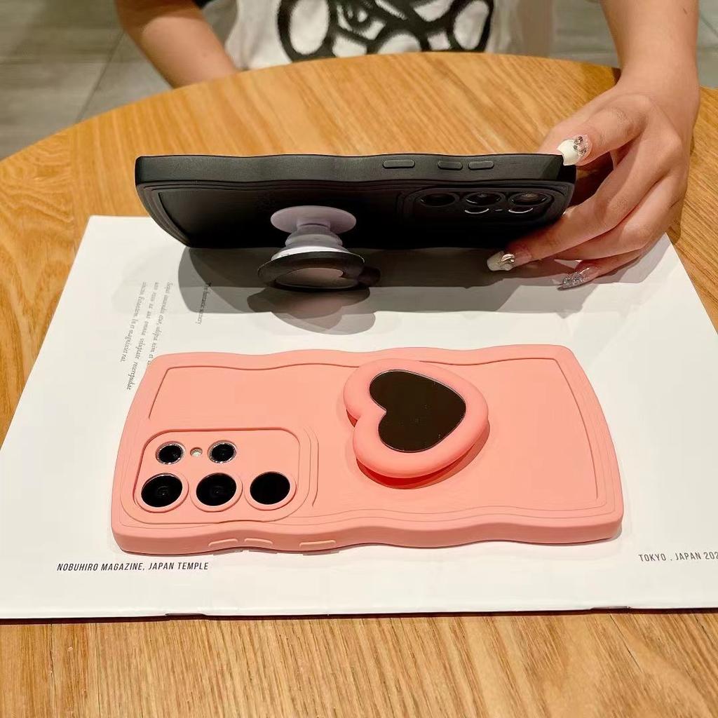 Fashion 3D Heart Mirror Holder Phone Case For Samsung S24 S23 Ultra S22 S21 S20 S23 FE A55 A05 A35 A54 A34 A52 A51 Stand Back Cover Shell