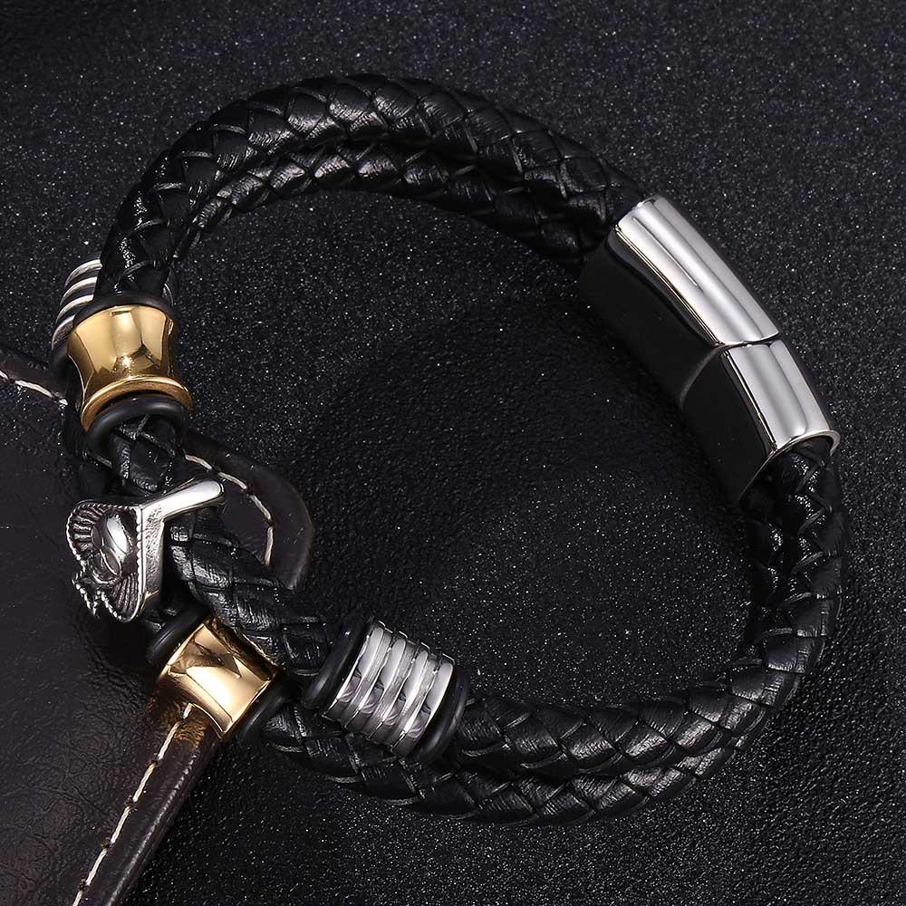 European & American Men's Woven Leather & Stainless Steel Bracelet