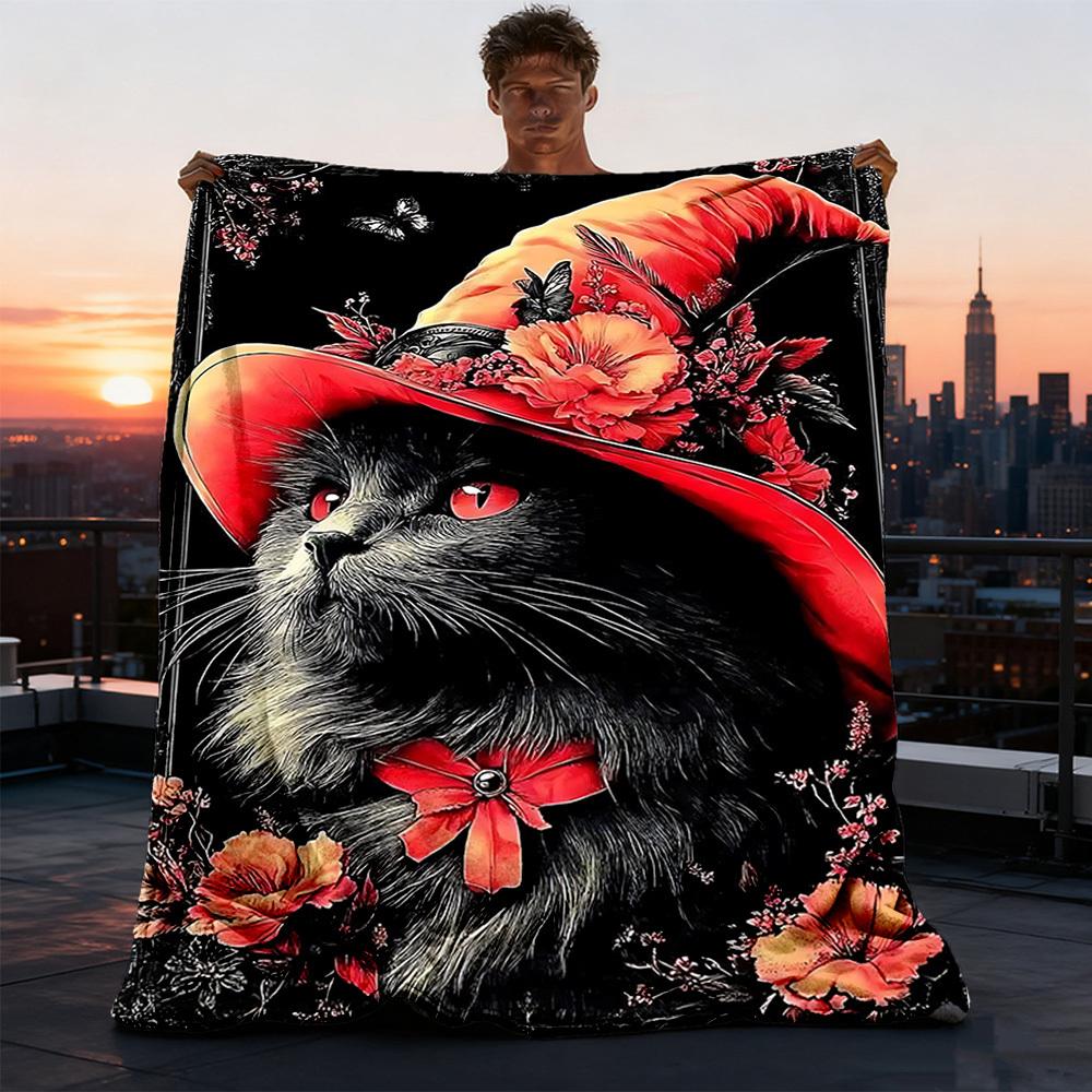 1pc Floral Hat Cat Print Outdoor Blanket, Lightweight Polyester,