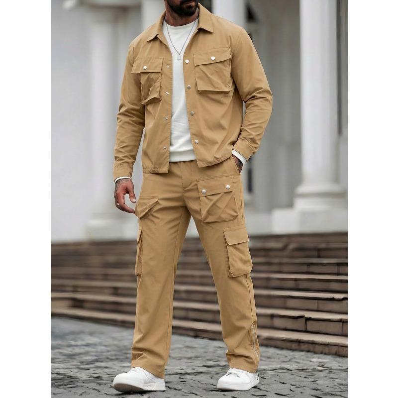 Men's Cargo Pocket Workwear Jacket And Pants Two Piece Set