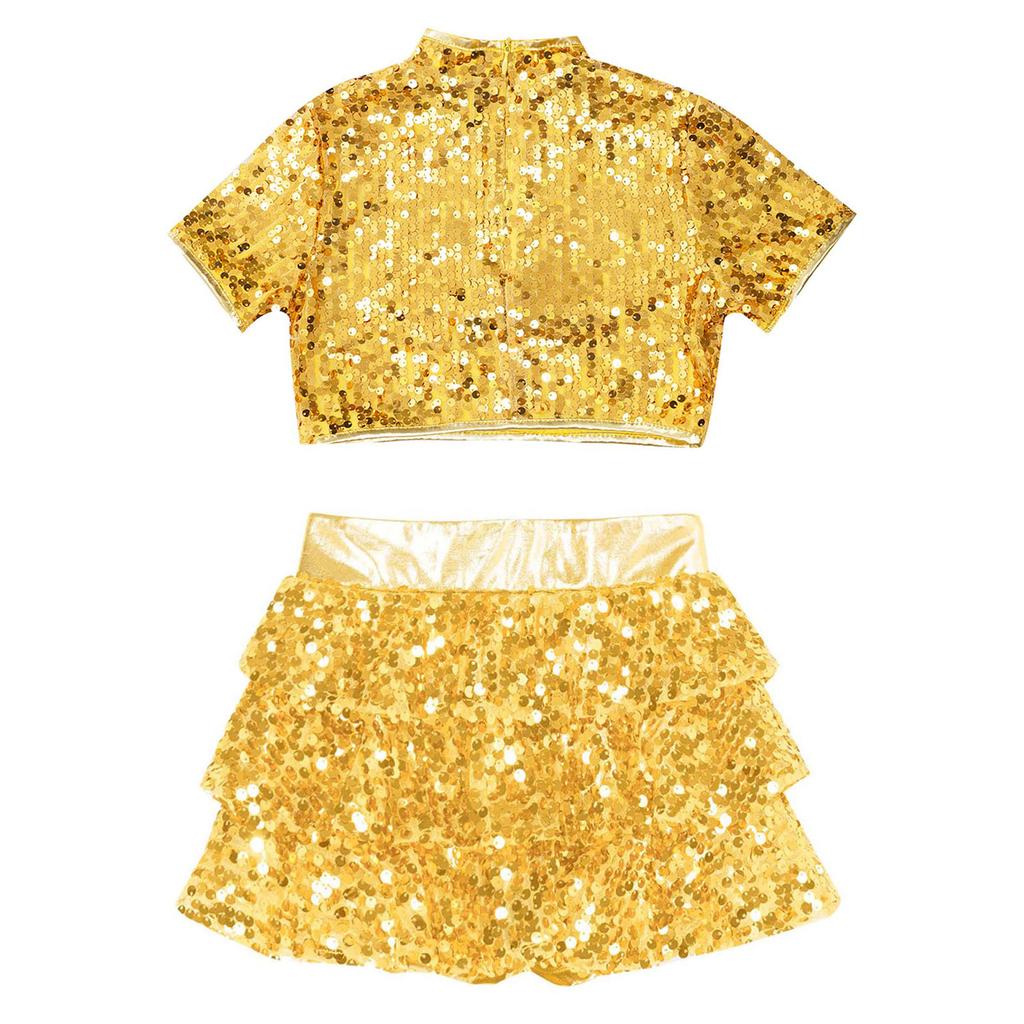 Girls Cheerleading Dance Costume Mock Neck Short Sleeve Sparkly Sequins Crop Top Tiered Ruffle Shorts