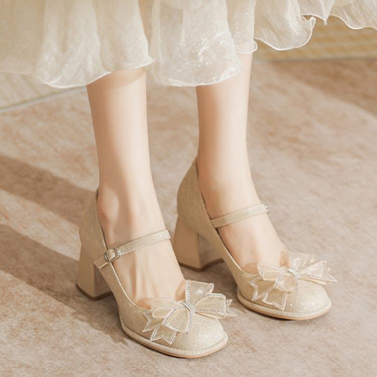 Round head Mary Jane women's shoes new thick heel fashion single shoes with sparkling bow fairy high heels
