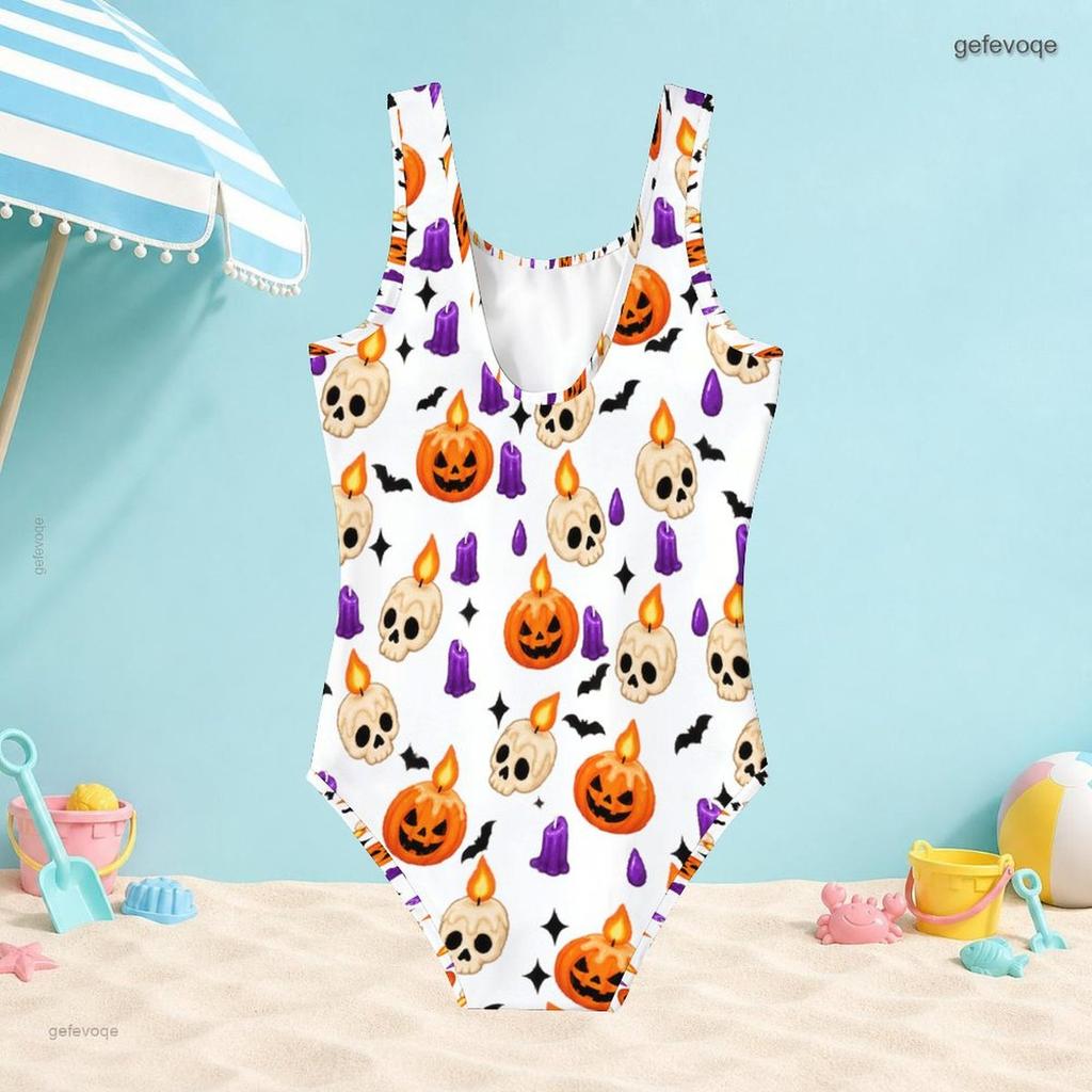 Girls Sleeveless Scoop Neck Wide Straps One Piece Swimsuit Cartoon Wolf Printed White