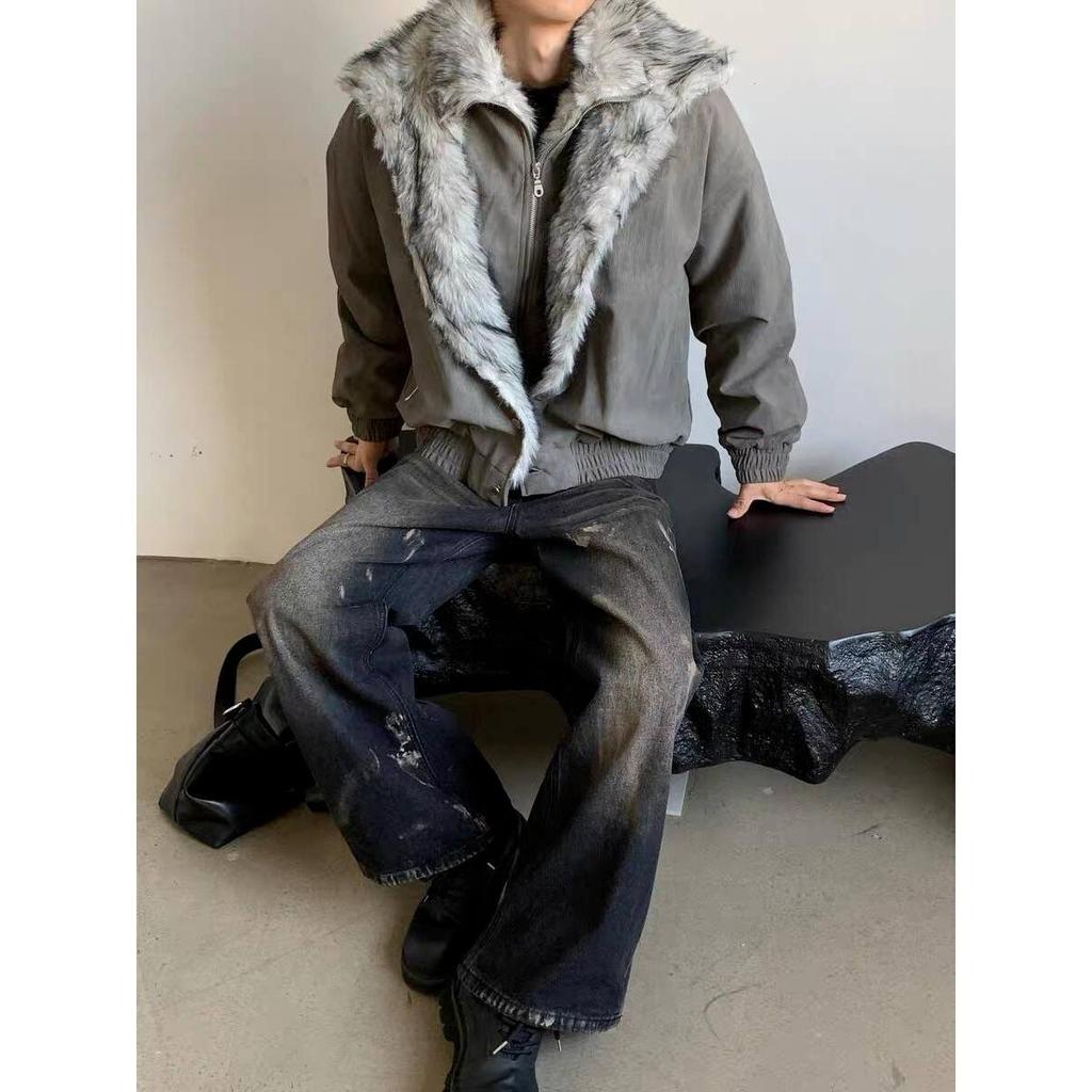 American Retro Mountain Eagle Cotton Jacket with Fur Collar - Unisex