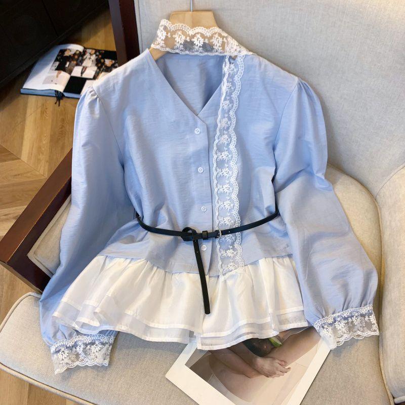 

Brand Discount French style High-Grade Sense Long sleeve Shirts Women Spring and Summer Ribbon With Belt Breasted Design Sense Age-Reducing Top Blue 500 pieces from 59 yuan