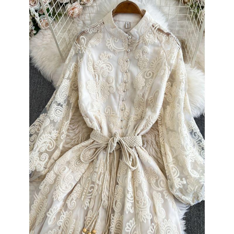 French style Elegant Water Soluble Flower Hollow Embroidery Dress Pettiskirt Lace Waist Hugging Temperament Fairy Holiday Style Long dress