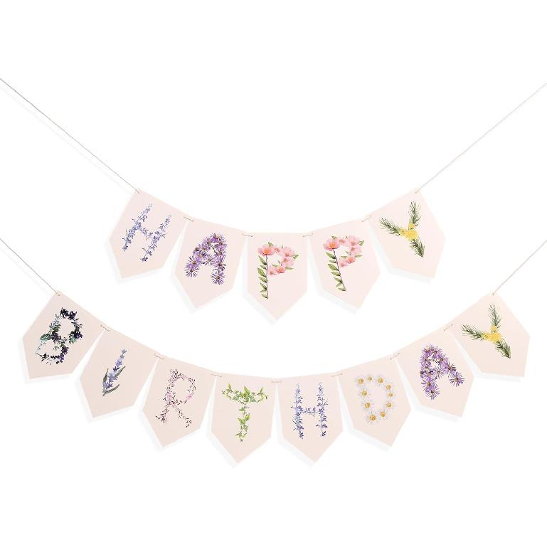Floral Happy Birthday Banner - Garden Theme Birthday Decorations, Spring Boho Bunting with Wild Flower, Market Farmers Birthday Party Supplies,