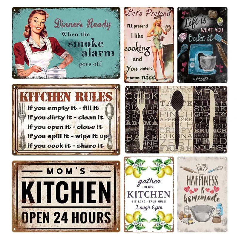 Retro Plåtskylt Köksregler Mat Järnmålning Väggkonst Metall Vintage Plakett Metallaffischer för Hus Hem Matsal Dekor