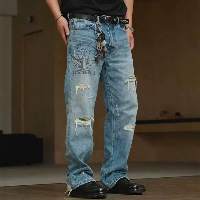 American Retro Graffiti Ripped Jeans Men's and Women's Summer Casual Washing Old Loose Straight Wide-leg Pants