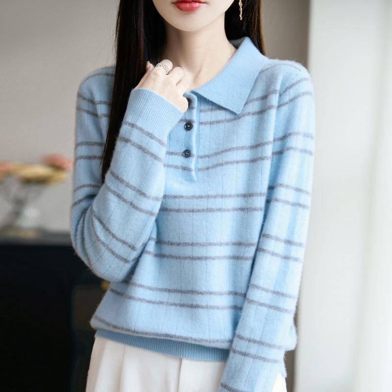 Women's 100% Pure Wool Color Block Stripe Knit Sweater - 2025 Autumn/Winter Collection