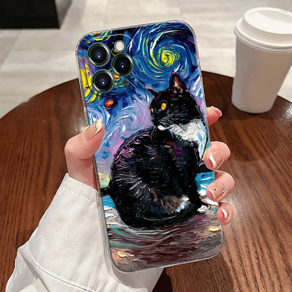 Cat Van Gogh Starry Night Oil Painting Case For Apple iPhone 17 16 15 14 13 12 11 Pro Max Plus 16E 17Air 17Pro Phone Cover Funda