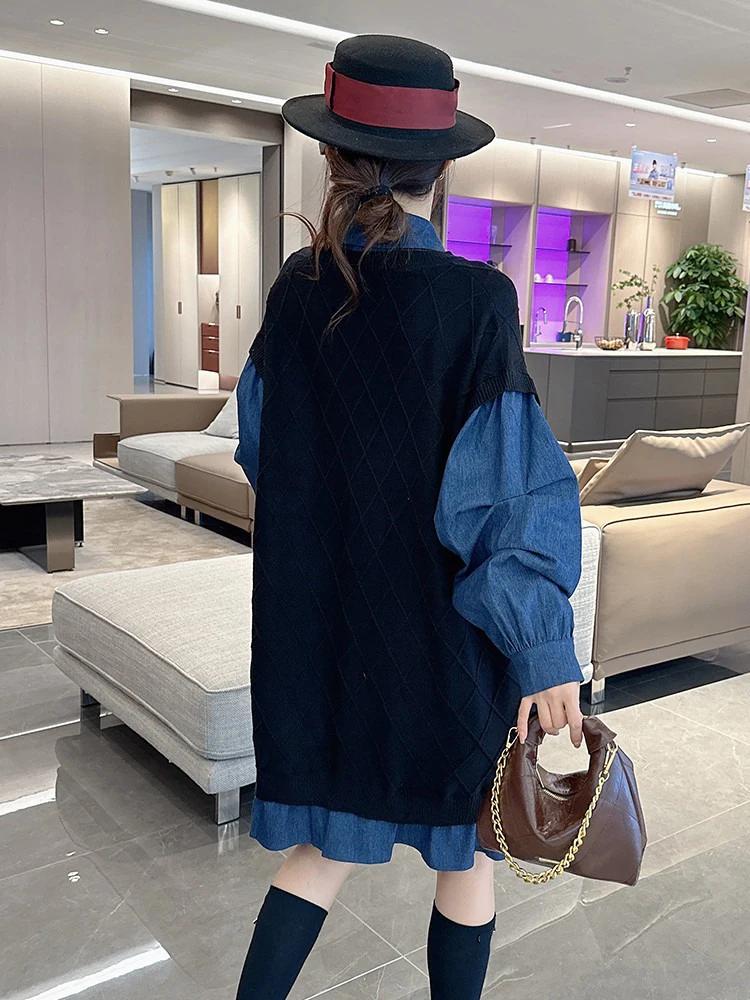 Xitao Strick-Patchwork-Reißverschlusskleid LJ1061