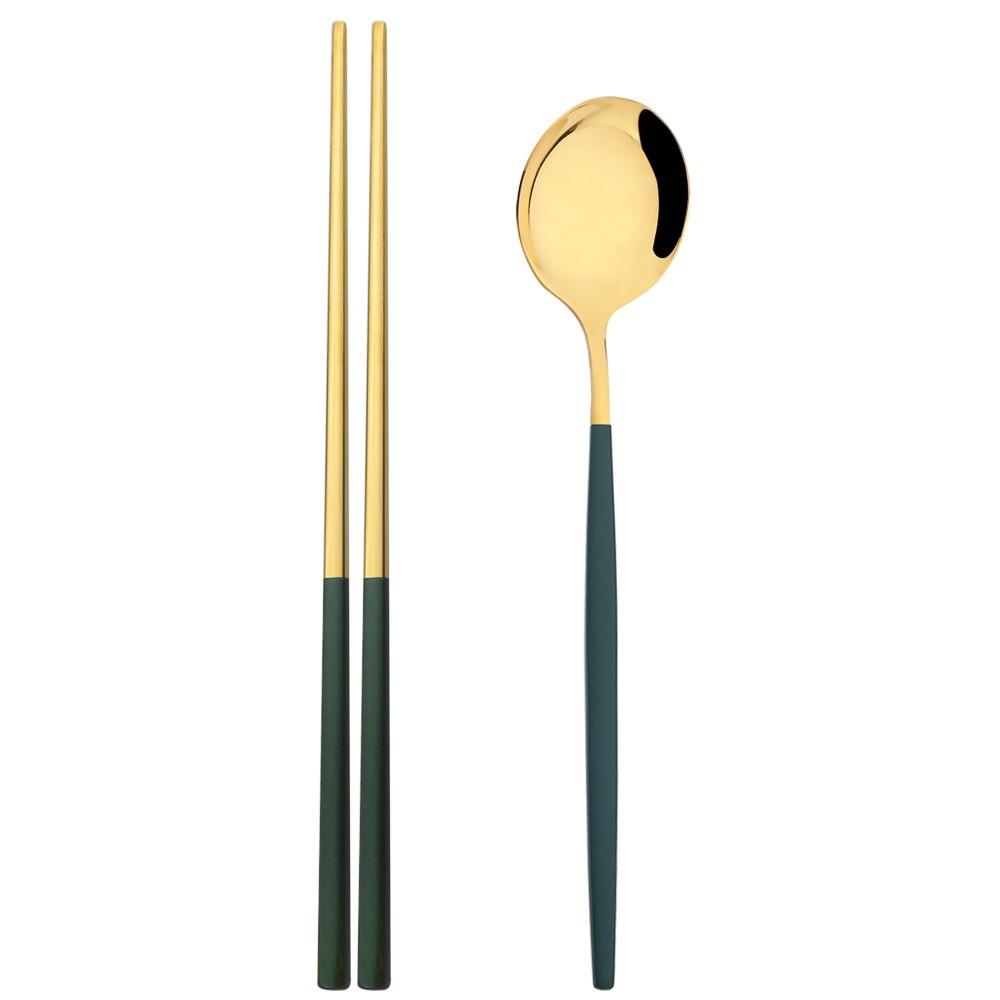 Gold 2Pcs Stainless Steel Tableware Set Mirror Dinner Spoon 304 Chopsticks Cutlery Set Lunch Dinner Set Portable Travel Dinnerware