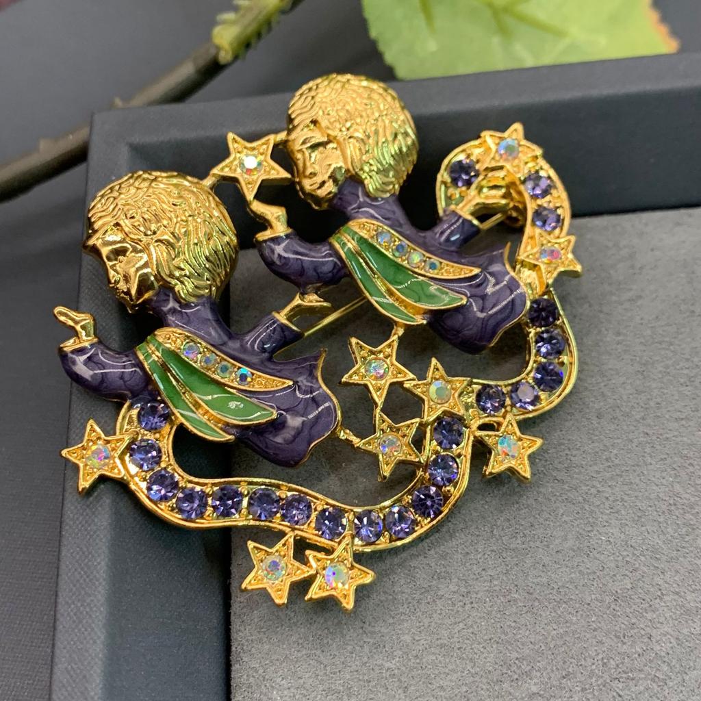 Broches Vintage Classiques Médiévales Doubles Garçons Ange Étoile Cristal Pour Femmes Hommes Émail Rétro Vintage Palais Éblouissant Bijoux Pins