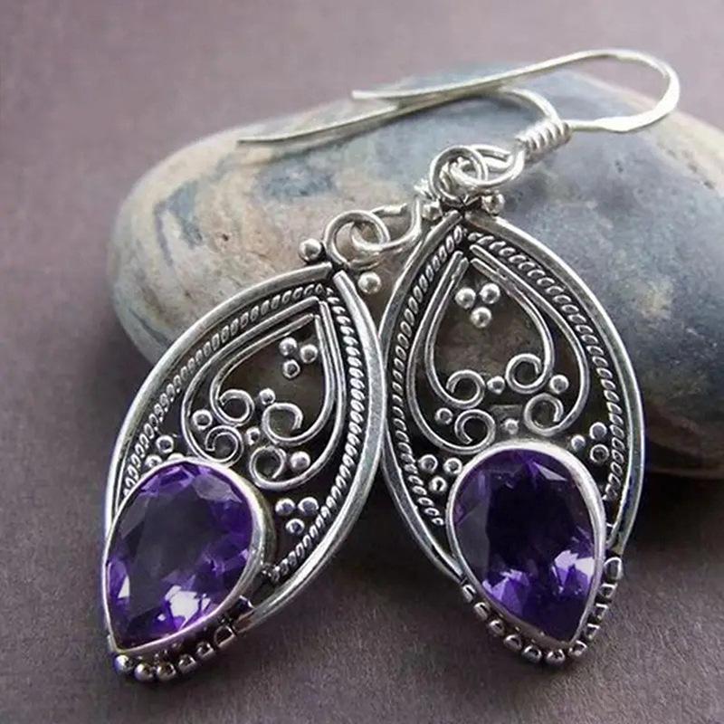 Purple Teardrop Dangle Earrings for Women Vintage Filigree Boho Style Drop Earrings Elegant Ethnic Jewelry
