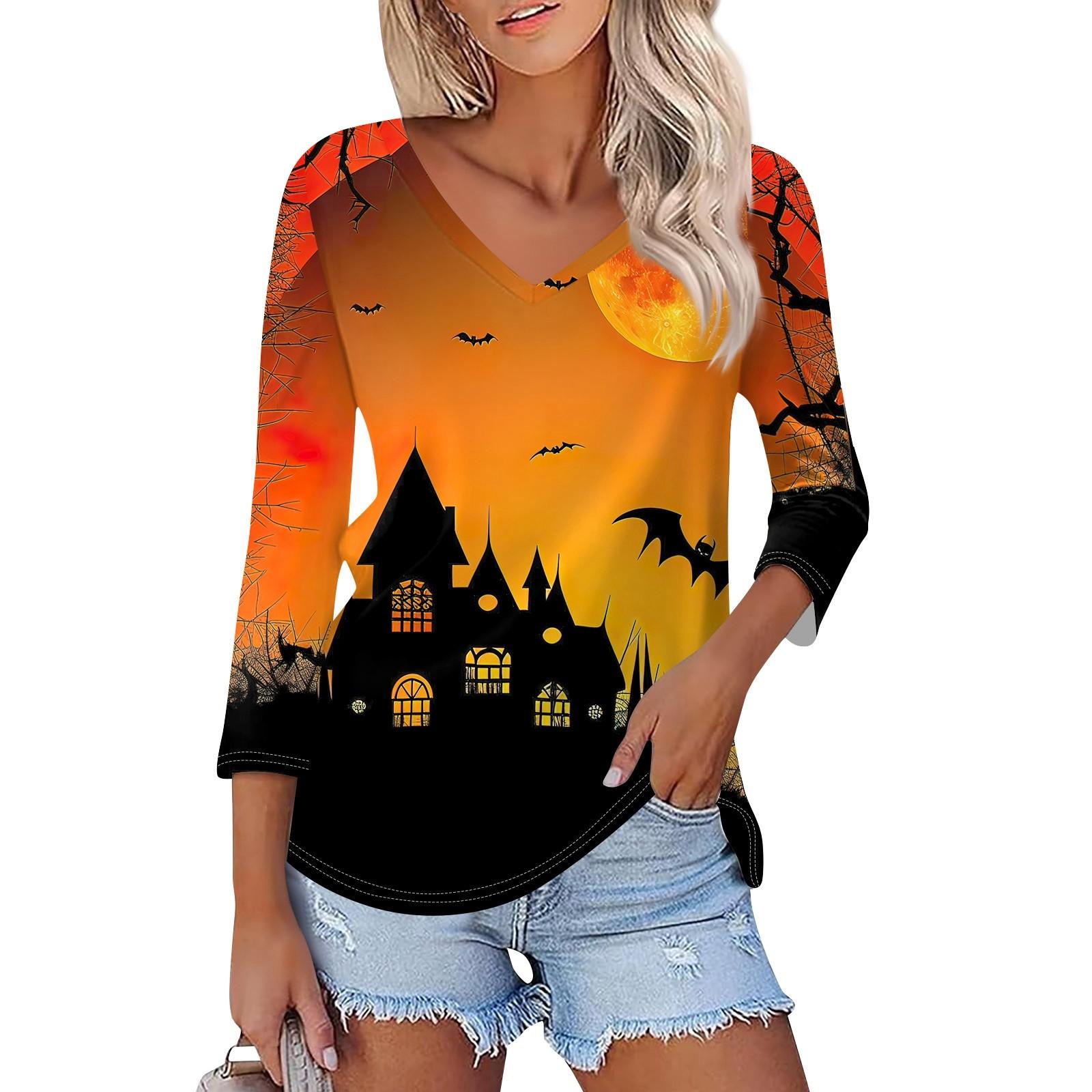 

Рубашка для женщин, модная, повседневная, с V-образным вырезом, рукавом 3/4, свободная, с принтом на Хэллоуин, женская футболка, топ S жёлтый