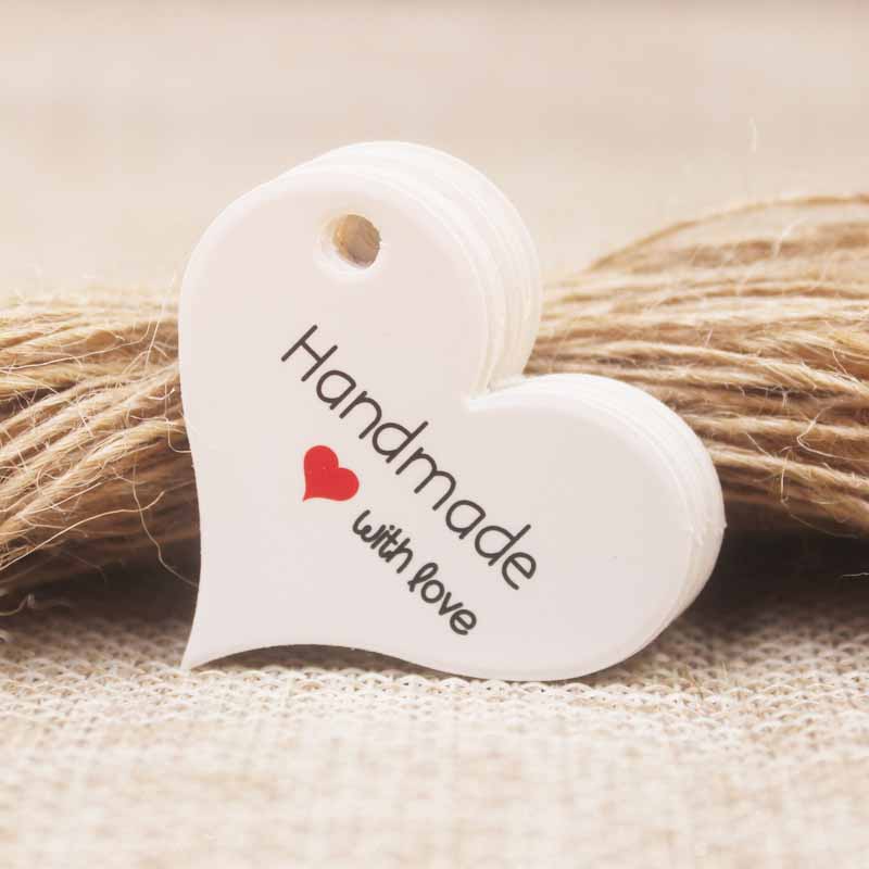 200pcs New design kraft/white Handmade tag,paper vintage red heart Handmade gift tag products swing Handmade with love hang tag