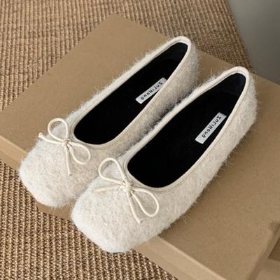Moda Otoño Moda Cálido Esponjoso Planos Mary Jane Zapatos Mujer Dulce Adorno de Lazo Zapatos de Diseñador Comodidad Punta Cuadrada Poco Profundos Casuales