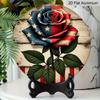2D Flat, 1pc Round Rustic Farmhouse Aluminum Wall Art - Patriotic Red White & Blue Rose Design with Vintage American Flag-Inspired Stars & Stripes