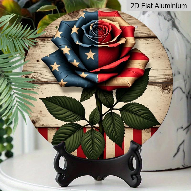 2D Flat, 1pc Round Rustic Farmhouse Aluminum Wall Art - Patriotic Red White & Blue Rose Design with Vintage American Flag-Inspired Stars & Stripes