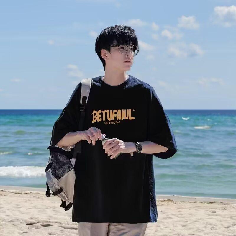 Новая летняя футболка с короткими рукавами для мужчин тренд в корейском стиле простой топ с короткими рукавами свободная повседневная брендовая футболка в гонконгском стиле M чёрный 1593₽