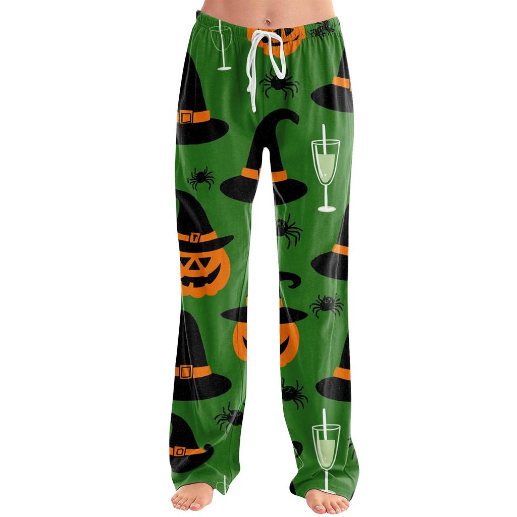 Dámské pyžamové kalhoty s halloweenským potiskem a stahovací šňůrkou - Měkké ležérní kalhoty na spaní se zábavným potiskem, Pohodlní spodní díl pro ženy, Volný střih