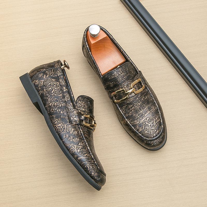 New Wedding Dress Skeleton Pattern Pu Leather Shoes For Men Black Brown Driving Loafers Prom Homecoming Party Footwear Zapatos