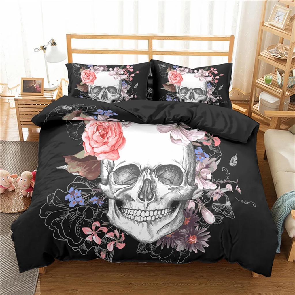 Skull Floral Skull Duvet Cover Full Size Gothic Skull Rose Bones Skeleton For Kids Women Men Red Black For Bedroom Decorations