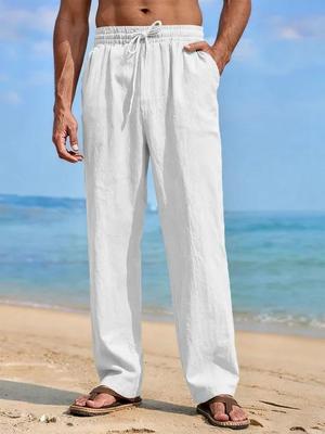 Summer Men's Linen Blend Straight-Leg Pants Beach Lightweight Breathable Casual Bottoms with Elastic Waist Drawstring Closure for All-Day Comfort
