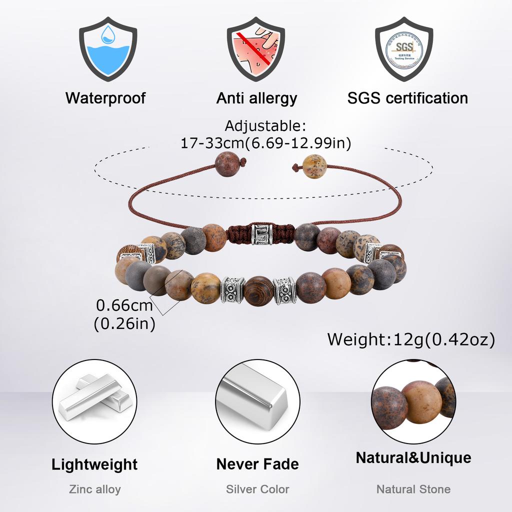 Vnox Natural Stone Beaded Bracelet for Men Women, Zinc Alloy Spacer Beads, Adjustable 17-33cm, 6.6mm Beads Trendy Jewelry Gifts