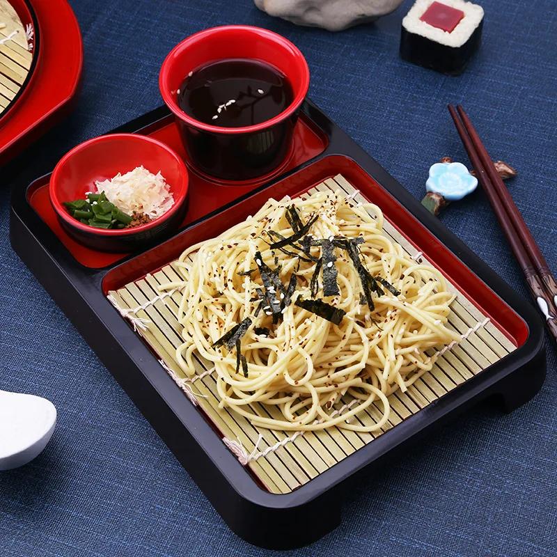 Japanese Style Cold Noodle Dish Paired with Bamboo Mat Plate and Japanese and Korean Tableware