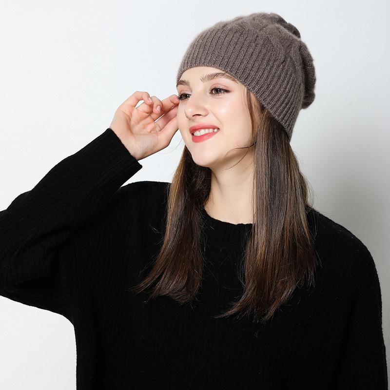 Women's 100% Pure Cashmere Cable Knit Hat - Thick, Warm, and Fashionable for Autumn and Winter