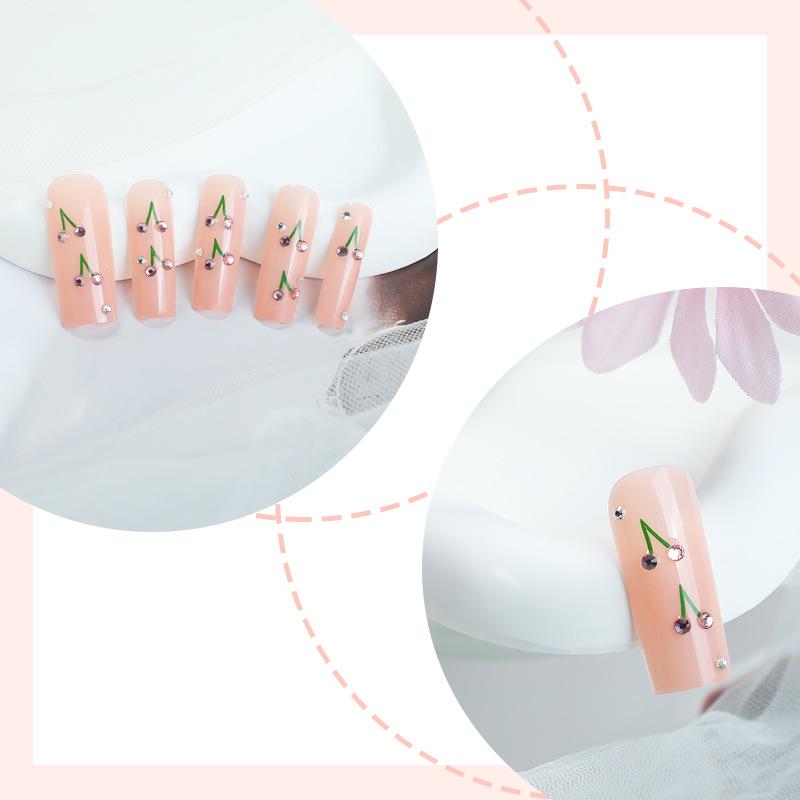 Cross-Border Rhinestone Cherry Nude Wearable Nail Tips - Hand-Painted, Solid Color Nail Art Patches