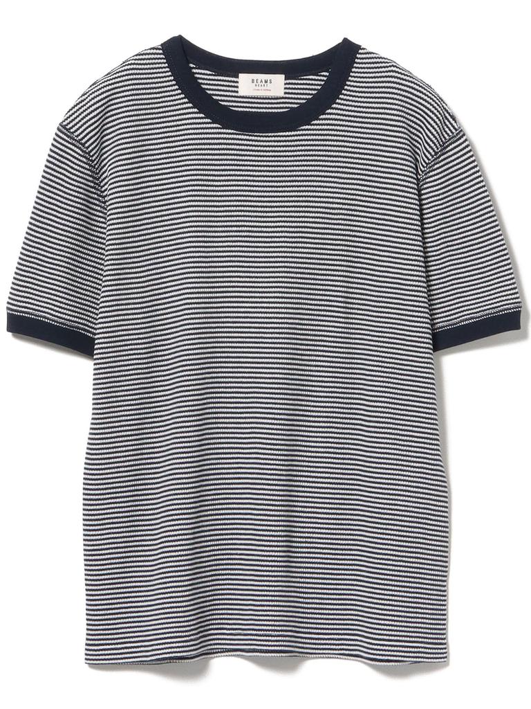 Beams Heart Tee Waffle Striped Pullover Navy One Size S/S Women's