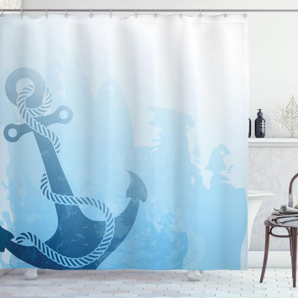 Nautical Anchor Shower Curtain - Monochrome Sea Bottom Design “Be Strong & Stable”, Bath Decor with Hooks