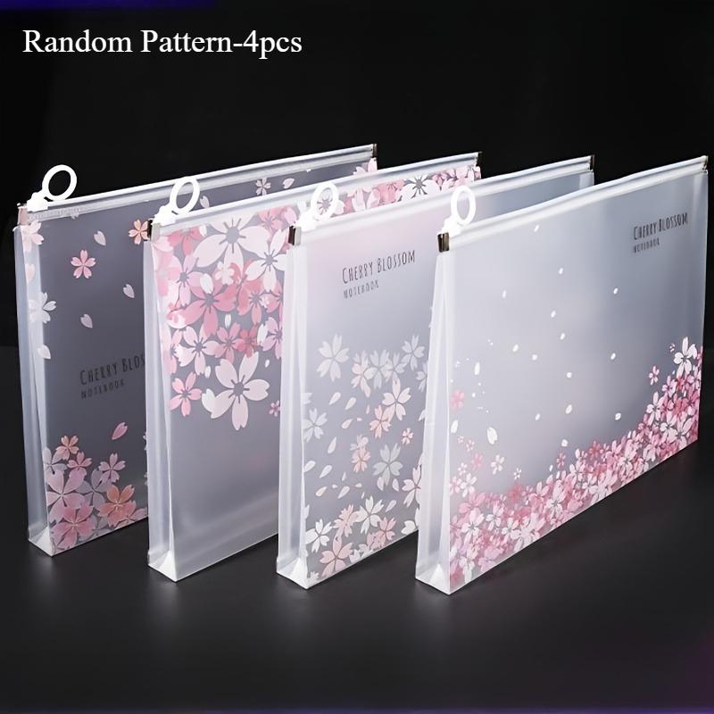 4pcs A4 Zipper File Bag Transparent Pink Cherry Blossom Pattern Office Home Travel Document Lightweight Storage and Organization
