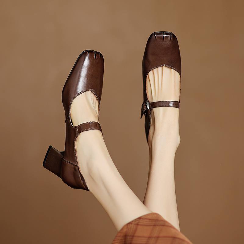 Krazing Pot Módní jarní a podzimní boty s hrubým podpatkem a přezkami, dámské boty Mary Janes s čtvercovou špičkou a lodičky z kravské kůže