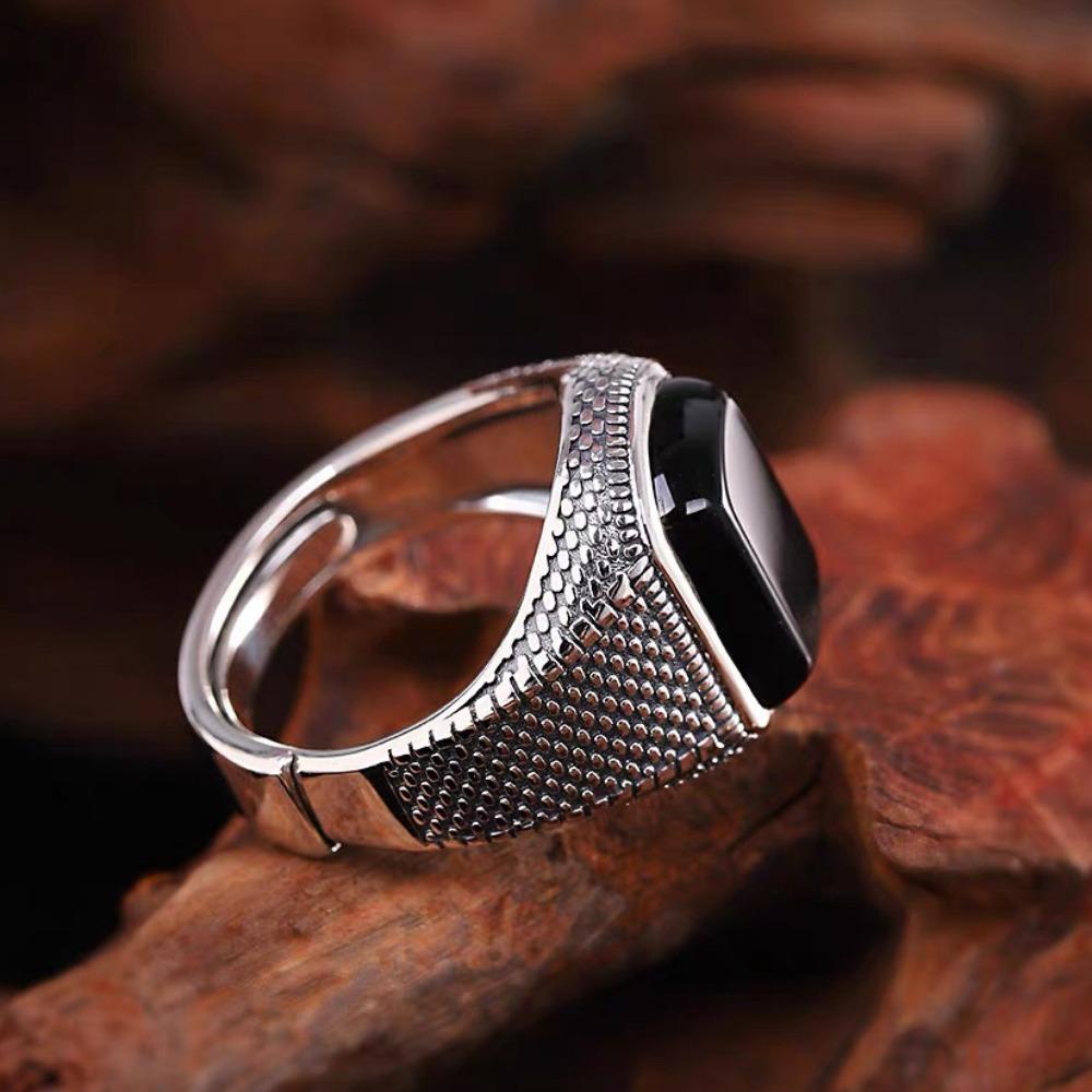 Retro Old Imitation Black Agate Ring Men's Trendy Classic Wide-sided Adjustable Personality Trendy Thai Silver Single Ring Men