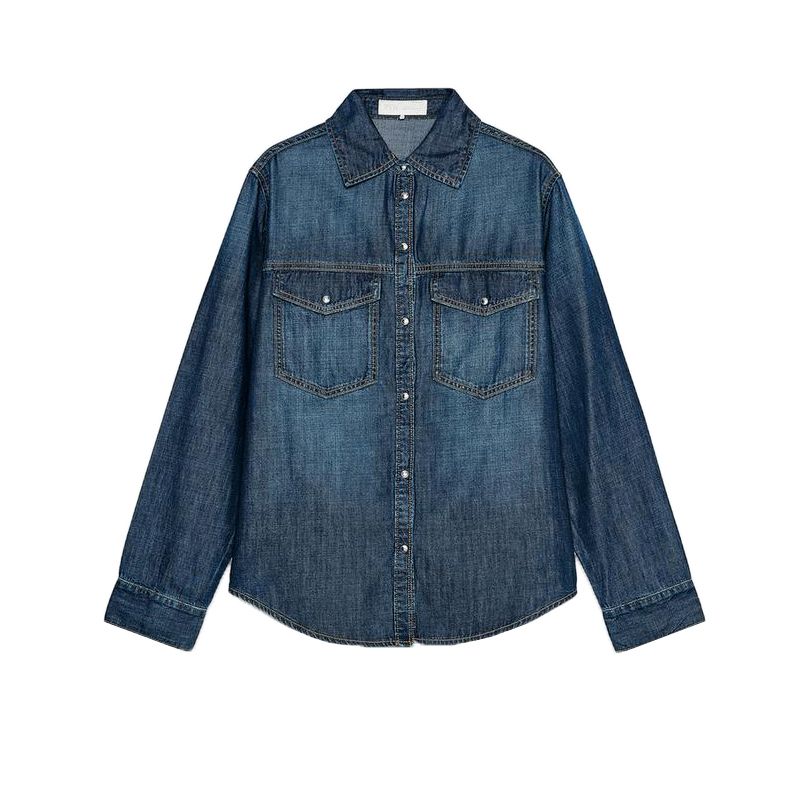 Spring New Women's Clothing Casual Single Row Multi-Buckle Retro Long Sleeves Lapel Denim Shirt Tops 7147027