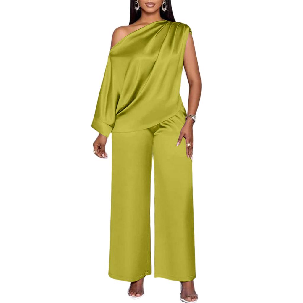 Women's Fashionable Casual Color Satin Asymmetrical Neck Top And Casual Pants Two,Piece Set