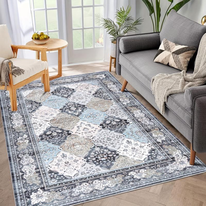 Vintage Floral Throw Rug Distressed Rug Non-Slip Flannel Indoor Floor Carpet for Bedroom Living Room Laundry, Blue, Home Décor