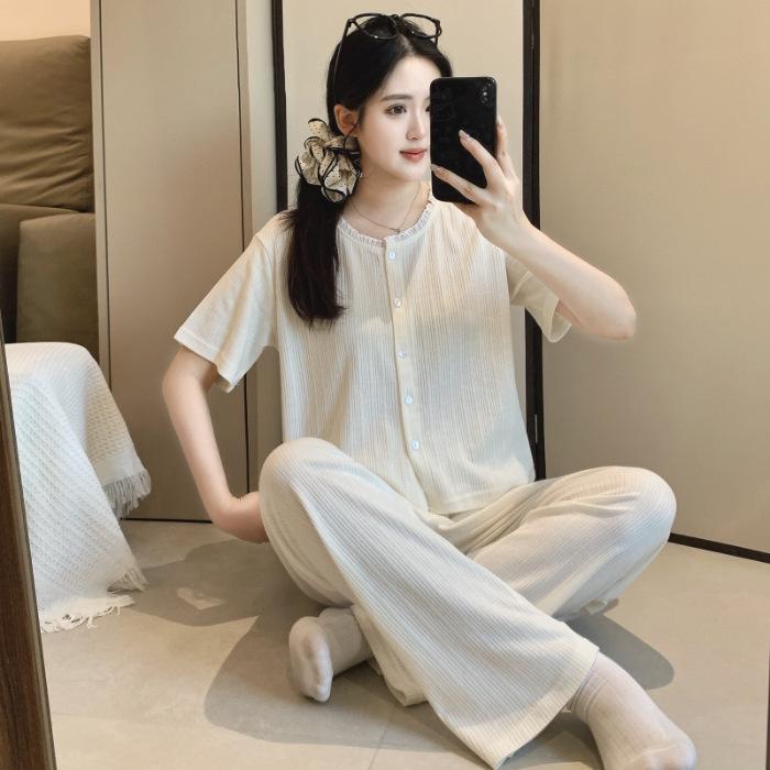 

Korean Style Women s Round Neck Cardigan Pajama Set - Spring & Autumn, Cute & Simple Printed Homewear XL
