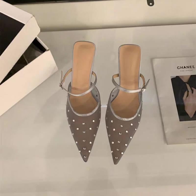 

Size 35-42 Women Mules Sandals Breath Mesh Shiny Crystals Kitten Heels Summer Shoes Ladies Sexy Pointy Toe Daily Party Slipper 35 срібний